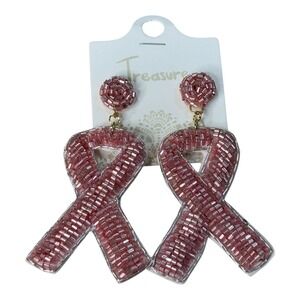 Treasure Pink Ribbon Breast Cancer Earrings Beaded Dangle Drop‎ Awareness New